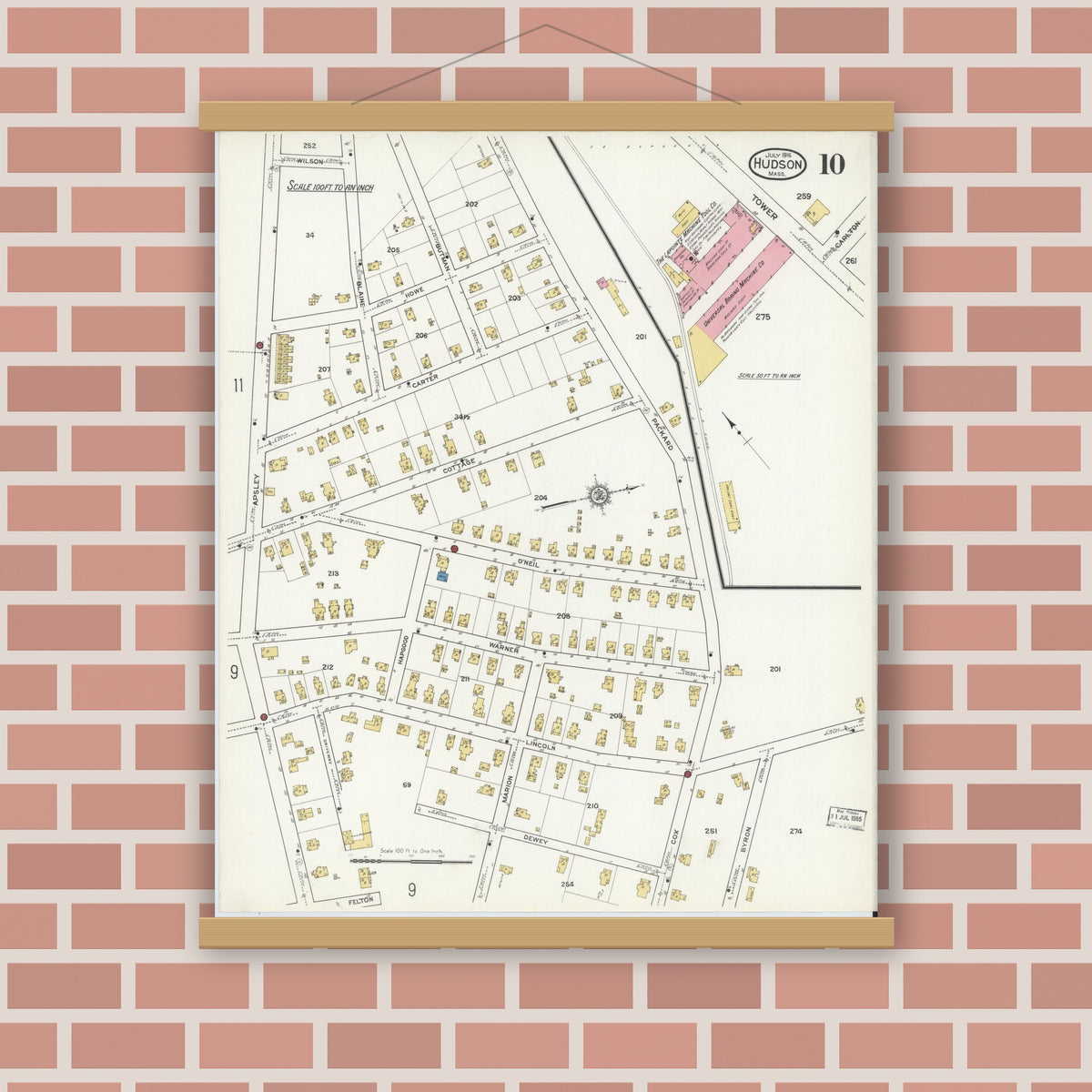 Old map wall art mockup — magnetic wood frame on brick wall — Sanborn Fire Insurance Map from Hudson, Middlesex County, Massachusetts (1916), Sheet #0010