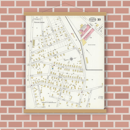 Old map wall art mockup — magnetic wood frame on brick wall — Sanborn Fire Insurance Map from Hudson, Middlesex County, Massachusetts (1916), Sheet #0010