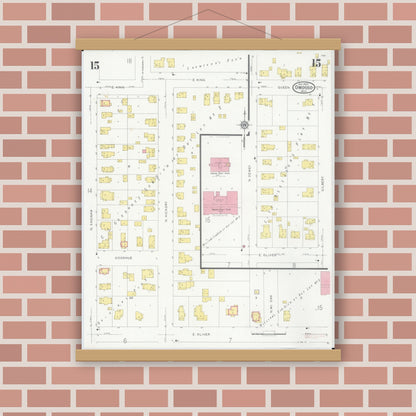 Old map wall art mockup — magnetic wood frame on brick wall — Sanborn Fire Insurance Map from Owosso, Shiawassee County, Michigan (1930), Sheet #0015
