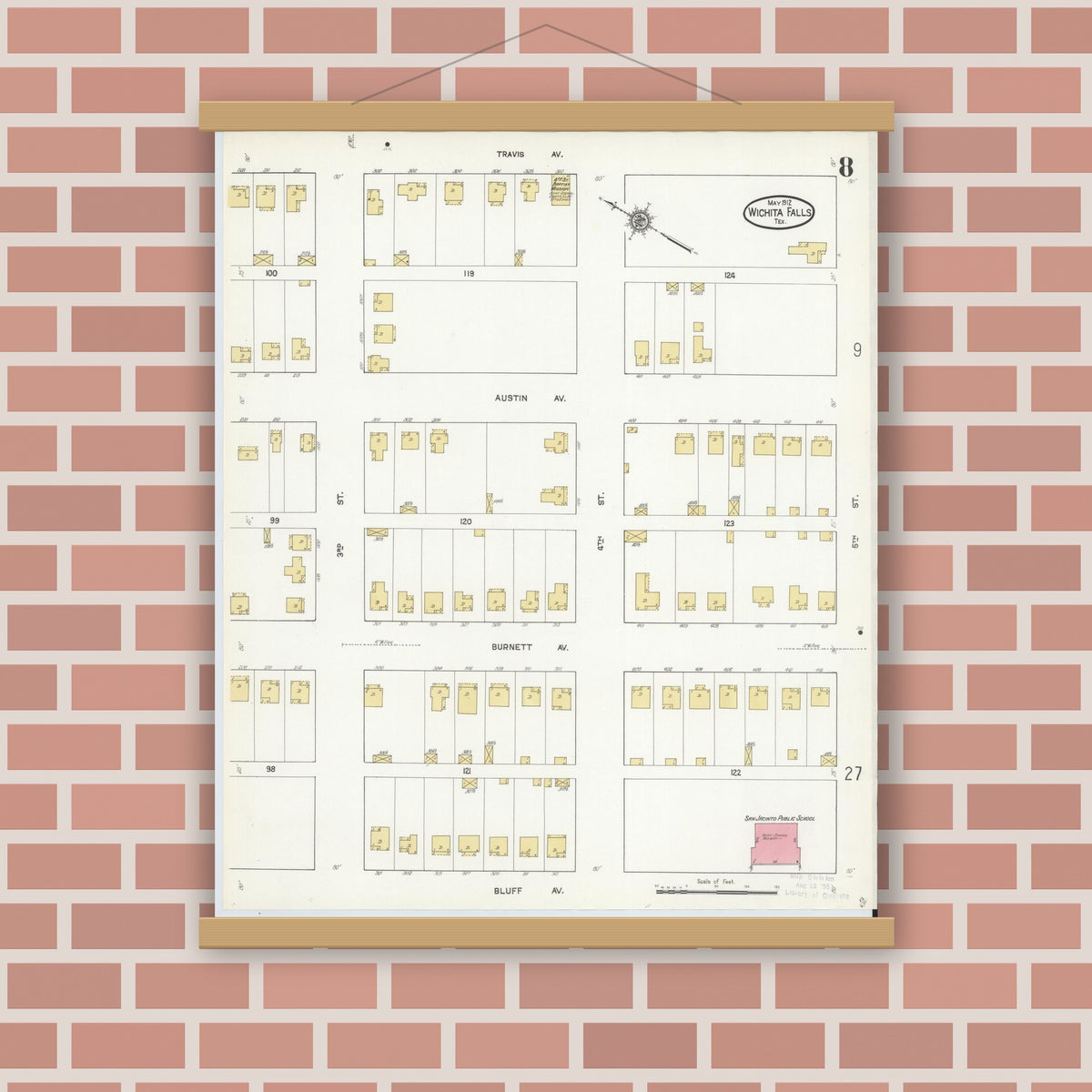 Old map wall art mockup — magnetic wood frame on brick wall — Sanborn Fire Insurance Map from Wichita Falls, Wichita County, Texas (1912), Sheet #0008