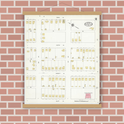 Old map wall art mockup — magnetic wood frame on brick wall — Sanborn Fire Insurance Map from Wichita Falls, Wichita County, Texas (1912), Sheet #0008
