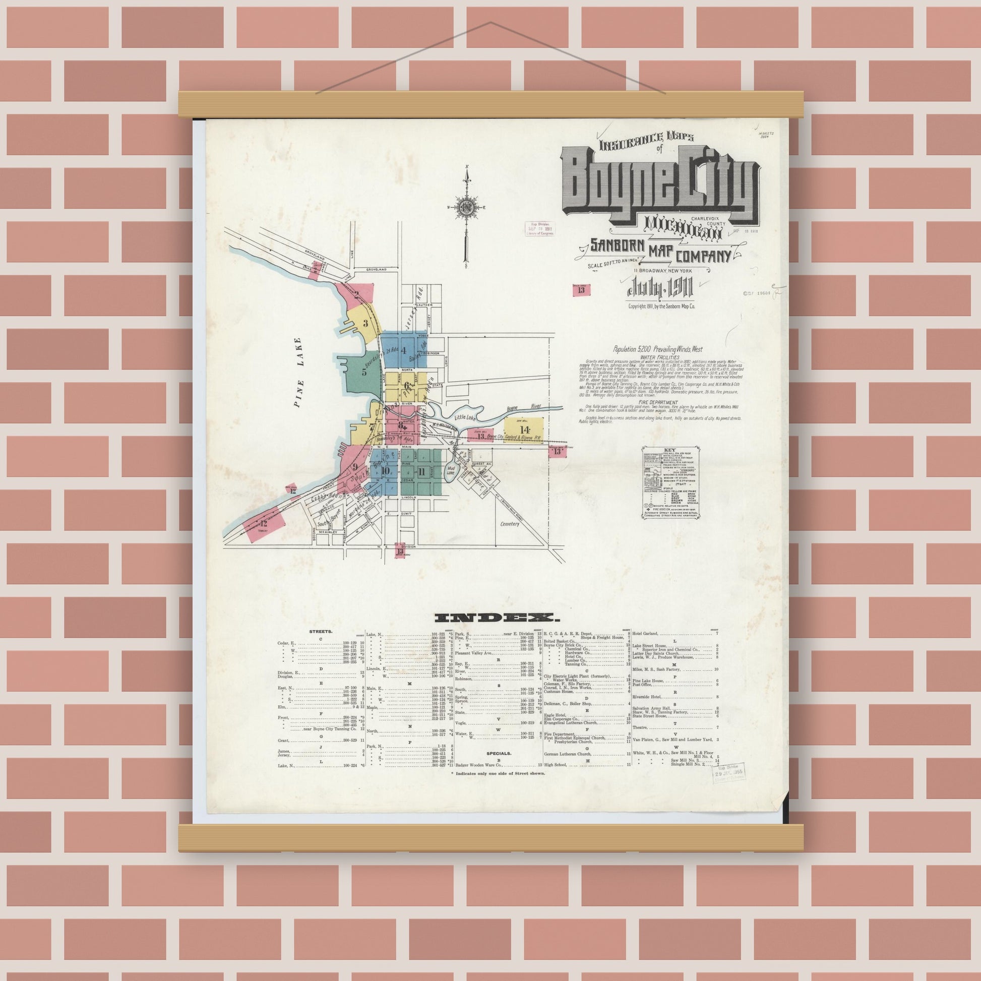 Old map wall art mockup — magnetic wood frame on brick wall — Sanborn Fire Insurance Map from Boyne City, Charlevoix County, Michigan (1911) - Complete Map Set