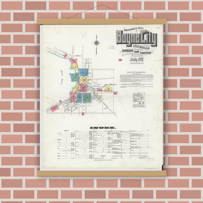 Old map wall art mockup — magnetic wood frame on brick wall — Sanborn Fire Insurance Map from Boyne City, Charlevoix County, Michigan (1911) - Complete Map Set