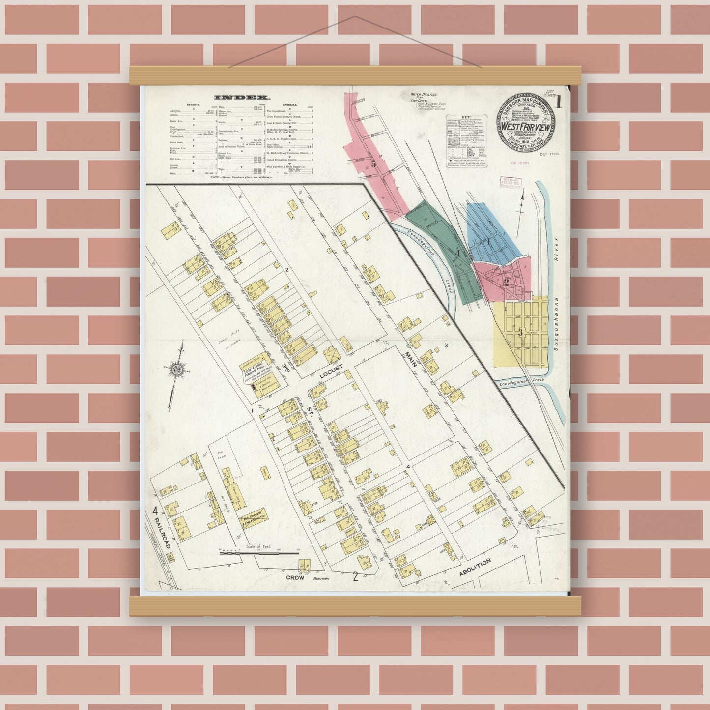 Old map wall art mockup — magnetic wood frame on brick wall — Sanborn Fire Insurance Map from West Fairview, Cumberland County, Pennsylvania (1910), Sheet #0001