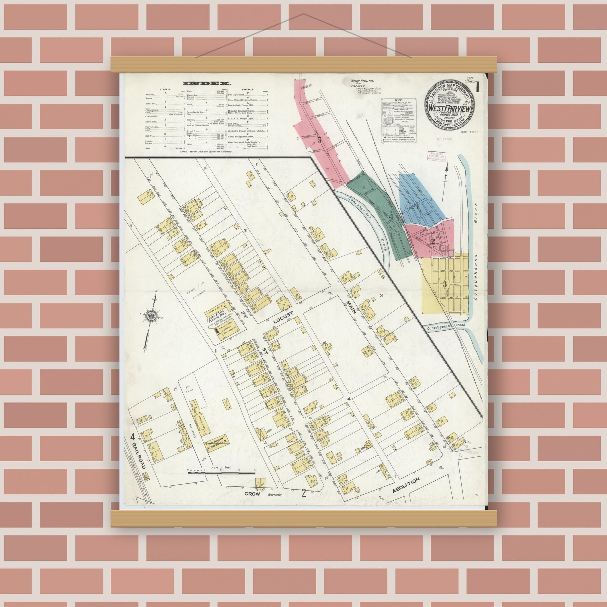 Old map wall art mockup — magnetic wood frame on brick wall — Sanborn Fire Insurance Map from West Fairview, Cumberland County, Pennsylvania (1910), Sheet #0001