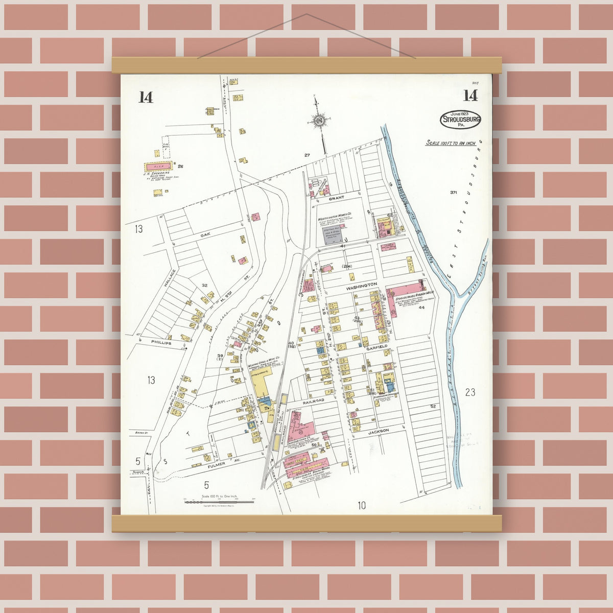 Old map wall art mockup — magnetic wood frame on brick wall — Sanborn Fire Insurance Map from Stroudsburg, Monroe County, Pennsylvania (1923), Sheet #0014