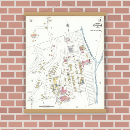 Old map wall art mockup — magnetic wood frame on brick wall — Sanborn Fire Insurance Map from Stroudsburg, Monroe County, Pennsylvania (1923), Sheet #0014