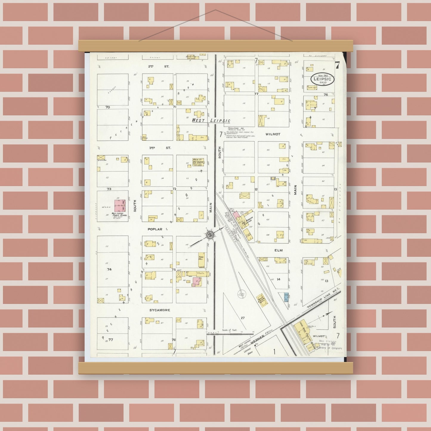 Old map wall art mockup — magnetic wood frame on brick wall — Sanborn Fire Insurance Map from Leipsic, Putnam County, Ohio (1910), Sheet #0007