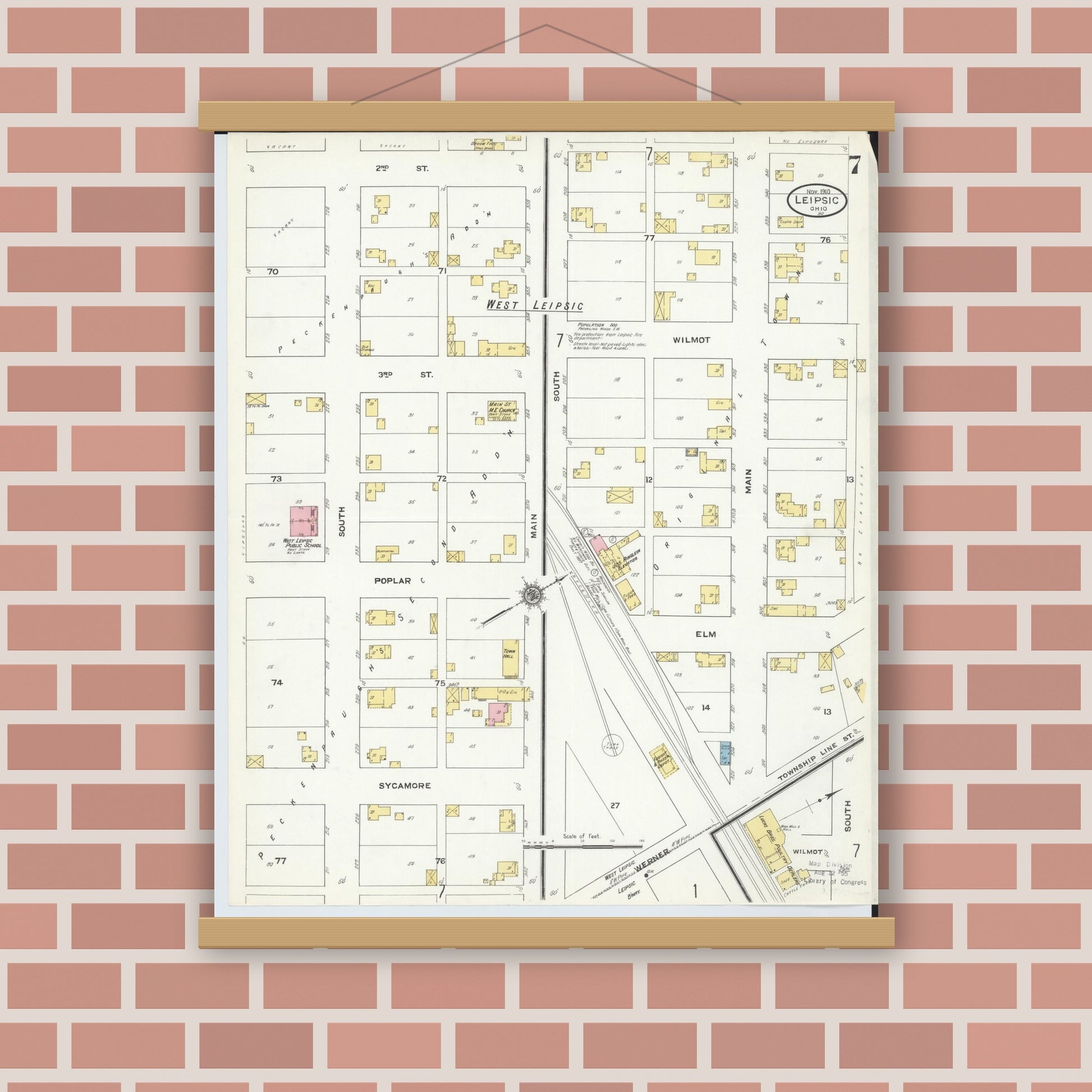 Old map wall art mockup — magnetic wood frame on brick wall — Sanborn Fire Insurance Map from Leipsic, Putnam County, Ohio (1910), Sheet #0007