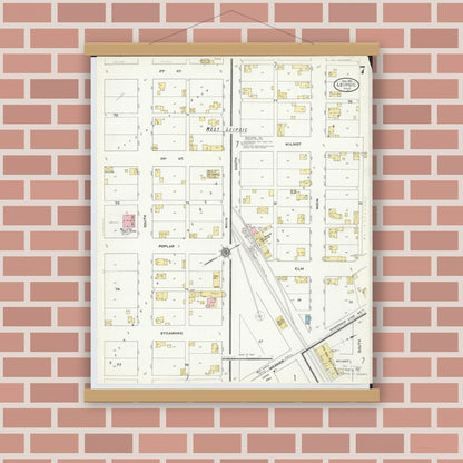 Old map wall art mockup — magnetic wood frame on brick wall — Sanborn Fire Insurance Map from Leipsic, Putnam County, Ohio (1910), Sheet #0007