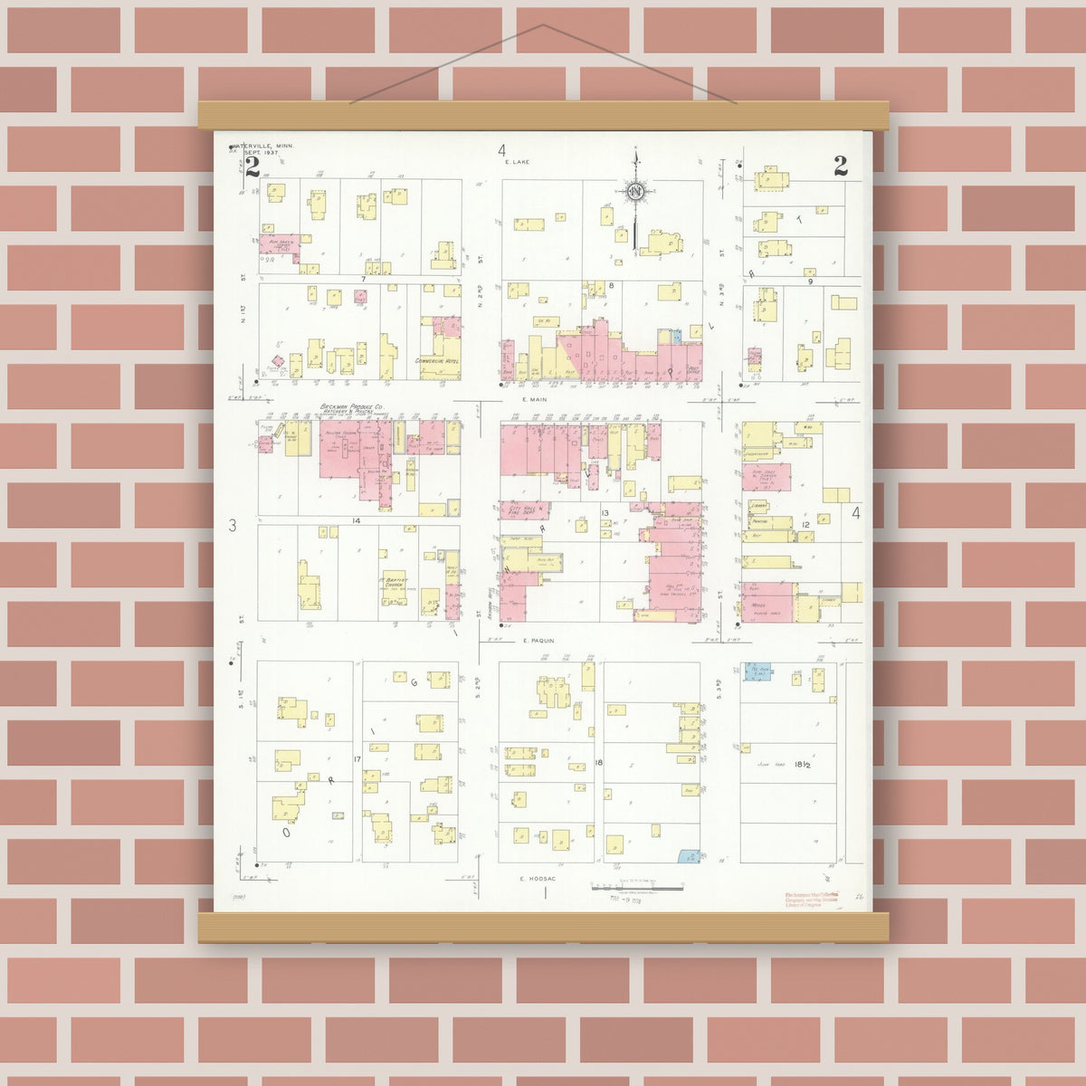Old map wall art mockup — magnetic wood frame on brick wall — Sanborn Fire Insurance Map from Waterville, Le Sueur County, Minnesota (1937), Sheet #0002
