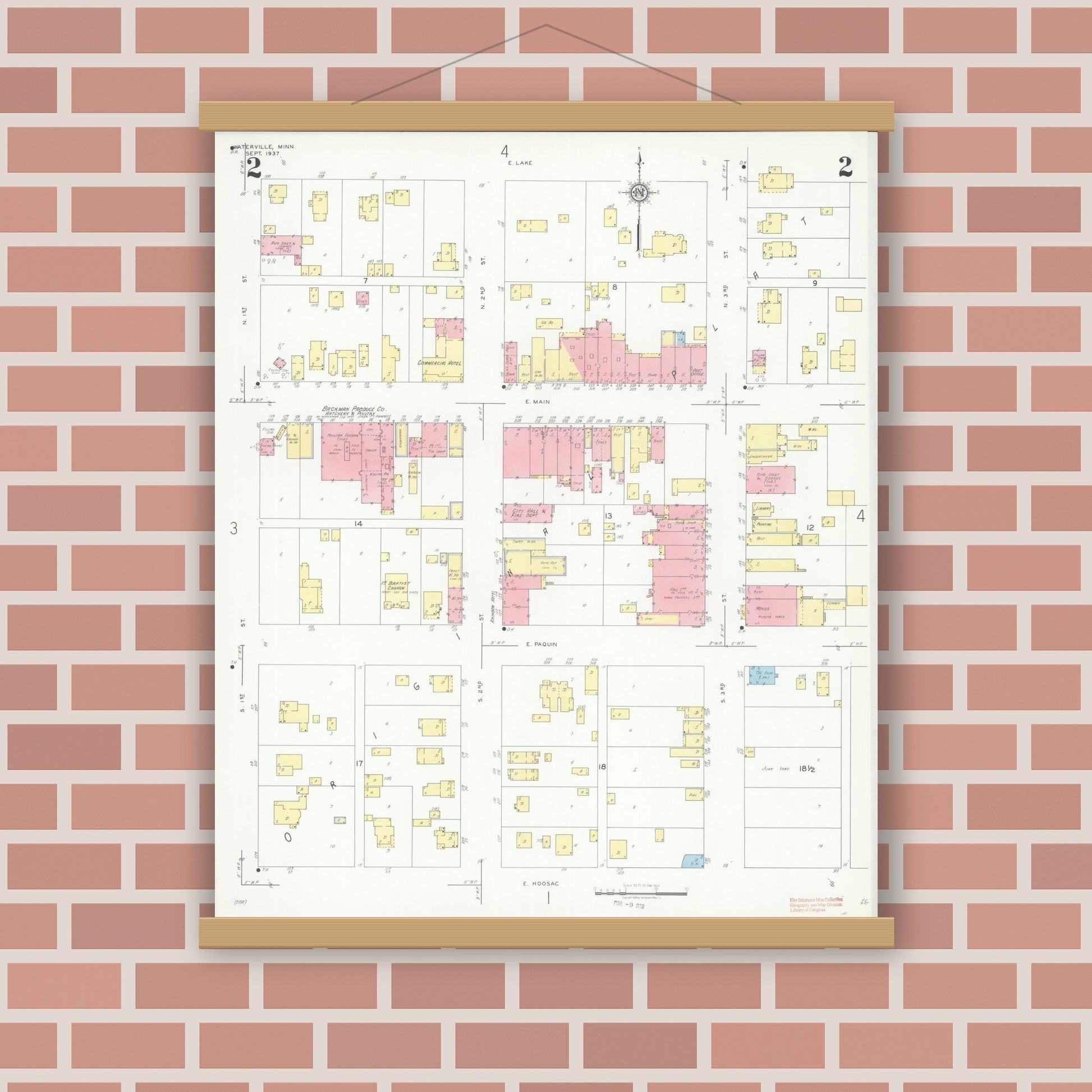Old map wall art mockup — magnetic wood frame on brick wall — Sanborn Fire Insurance Map from Waterville, Le Sueur County, Minnesota (1937), Sheet #0002