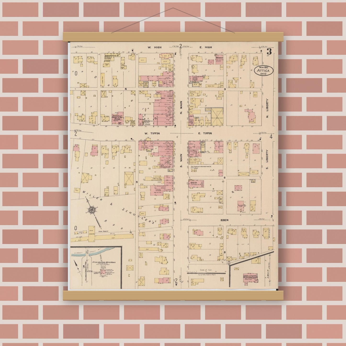 Old map wall art mockup — magnetic wood frame on brick wall — Sanborn Fire Insurance Map from Attica, Seneca County, Ohio (1922), Sheet #0003