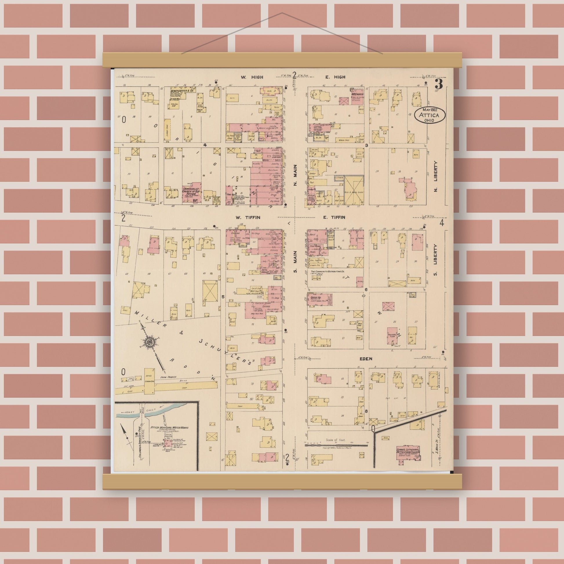 Old map wall art mockup — magnetic wood frame on brick wall — Sanborn Fire Insurance Map from Attica, Seneca County, Ohio (1922), Sheet #0003