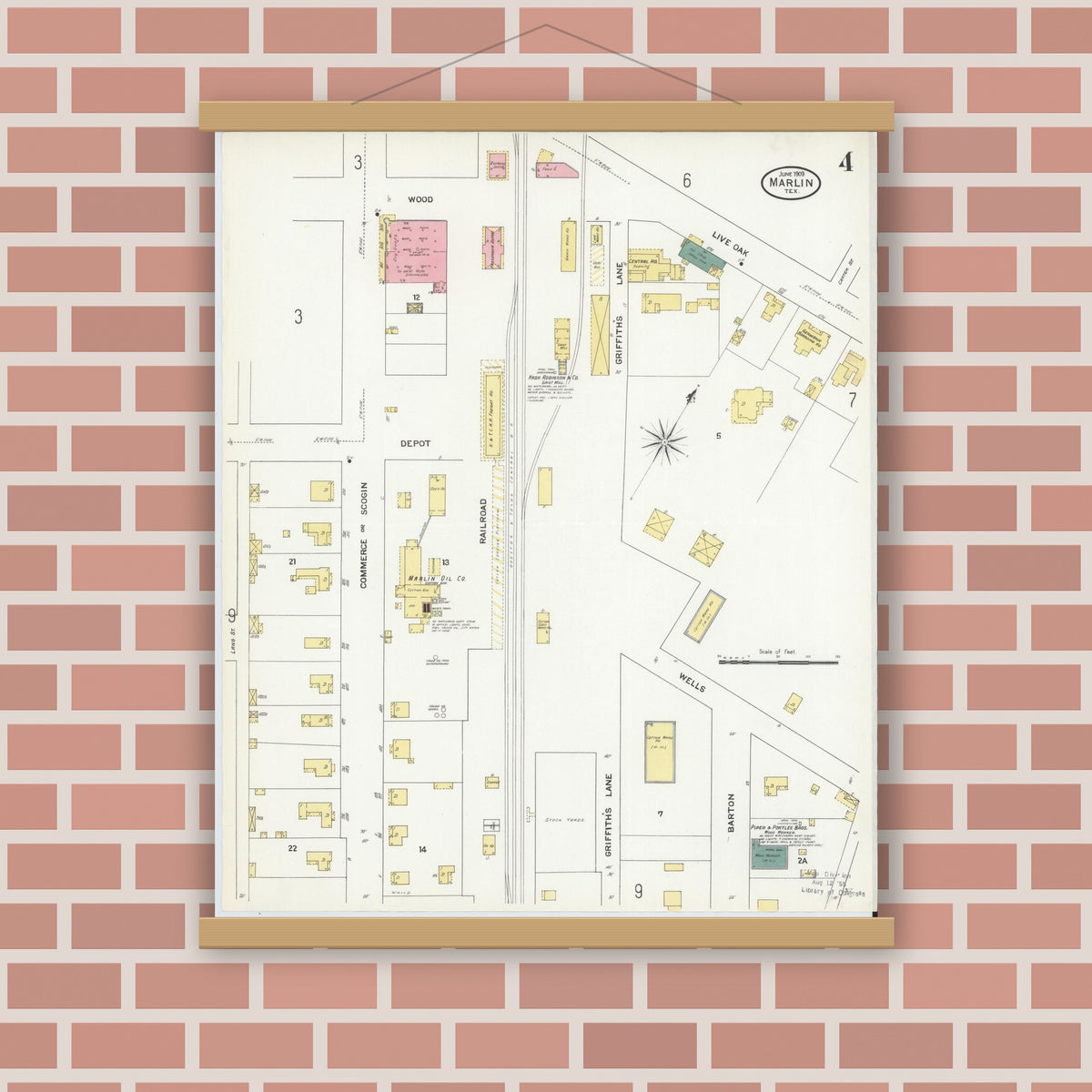 Old map wall art mockup — magnetic wood frame on brick wall — Sanborn Fire Insurance Map from Marlin, Falls County, Texas (1909), Sheet #0004