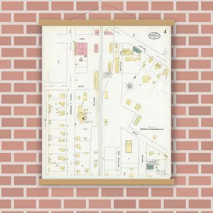 Old map wall art mockup — magnetic wood frame on brick wall — Sanborn Fire Insurance Map from Marlin, Falls County, Texas (1909), Sheet #0004