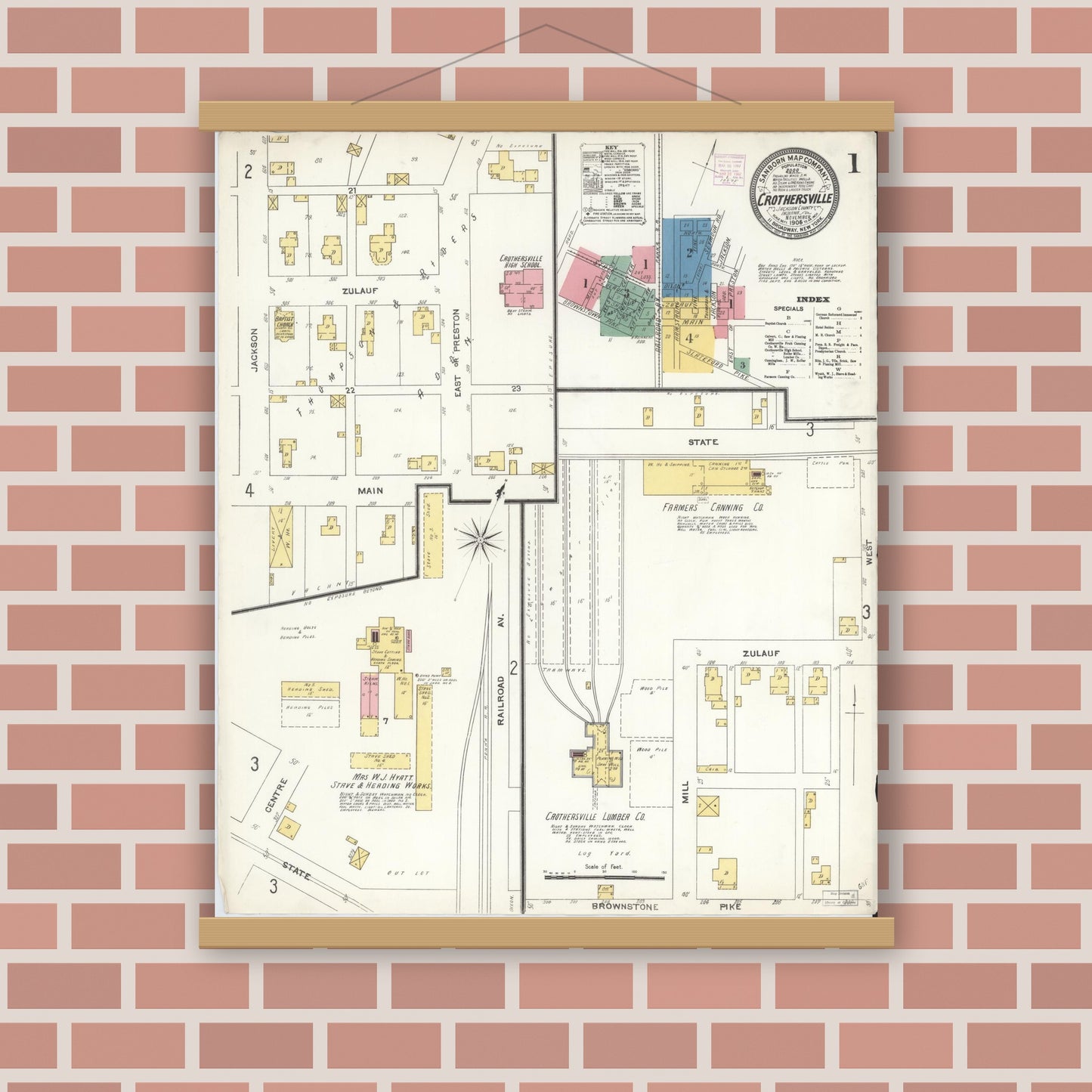 Old map wall art mockup — magnetic wood frame on brick wall — Sanborn Fire Insurance Map from Crothersville, Jackson County, Indiana (1906) - Complete Map Set
