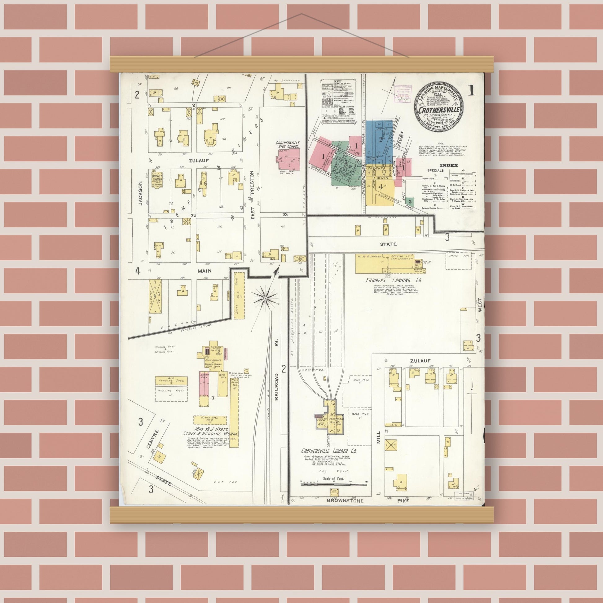 Old map wall art mockup — magnetic wood frame on brick wall — Sanborn Fire Insurance Map from Crothersville, Jackson County, Indiana (1906) - Complete Map Set