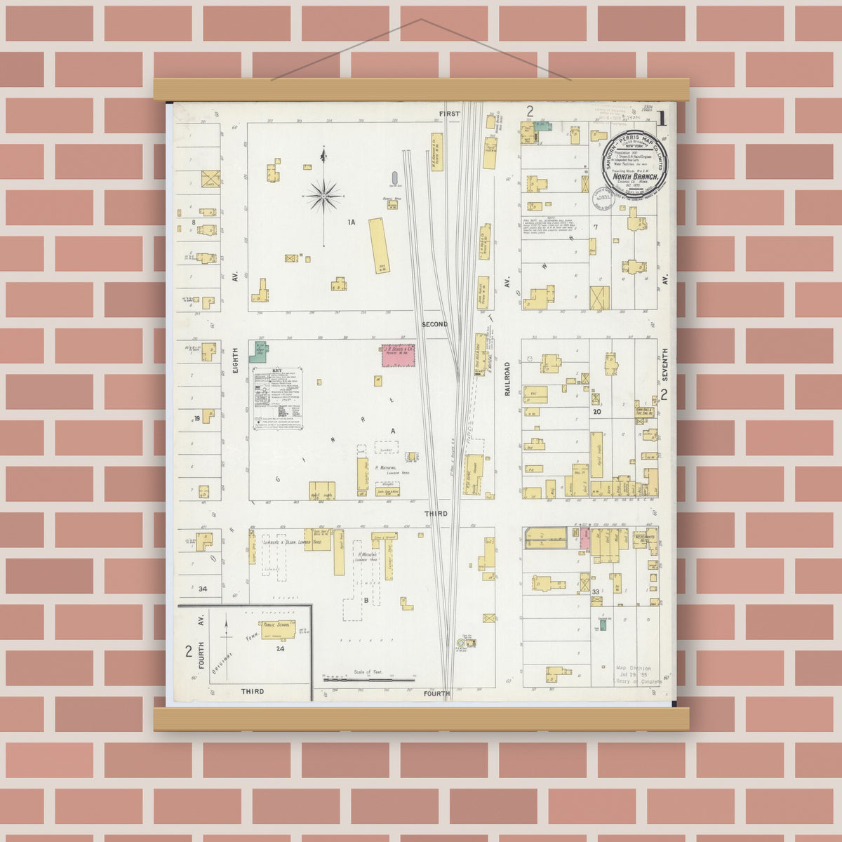 Old map wall art mockup — magnetic wood frame on brick wall — Sanborn Fire Insurance Map from North Branch, Chisago County, Minnesota (1899) - Complete Map Set