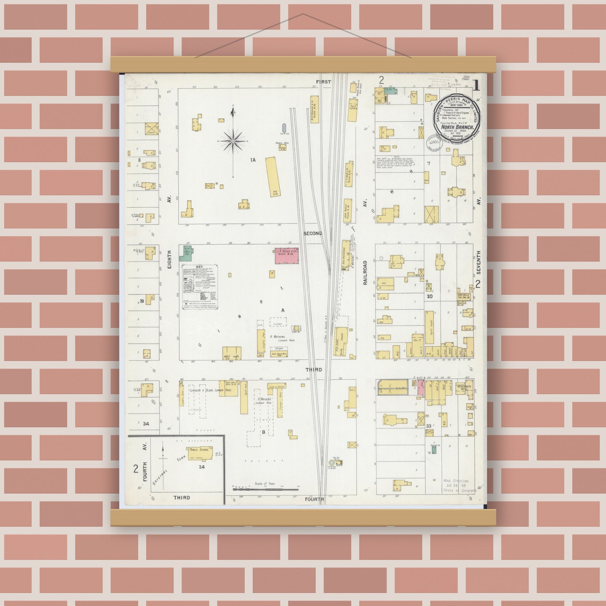 Old map wall art mockup — magnetic wood frame on brick wall — Sanborn Fire Insurance Map from North Branch, Chisago County, Minnesota (1899) - Complete Map Set