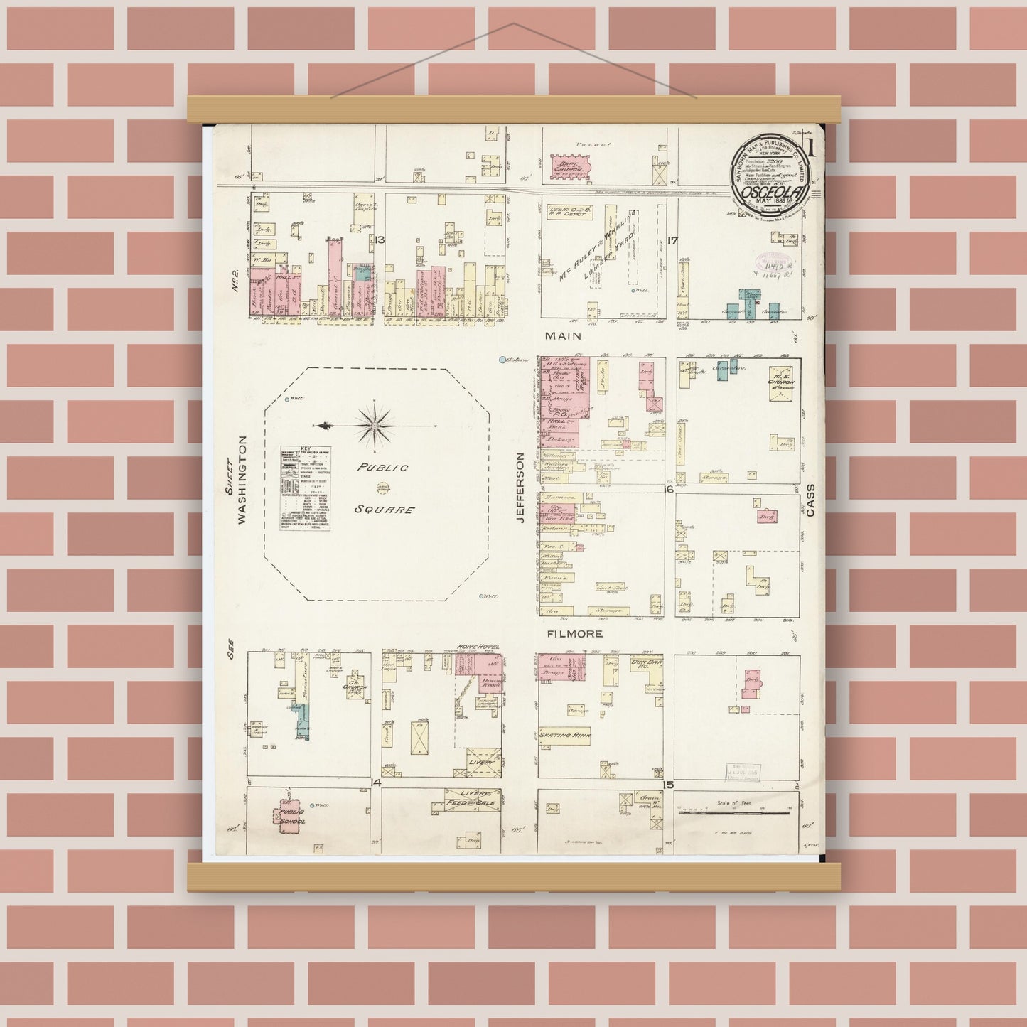 Old map wall art mockup — magnetic wood frame on brick wall — Sanborn Fire Insurance Map from Osceola, Clarke County, Iowa (1886) â€” Complete Set