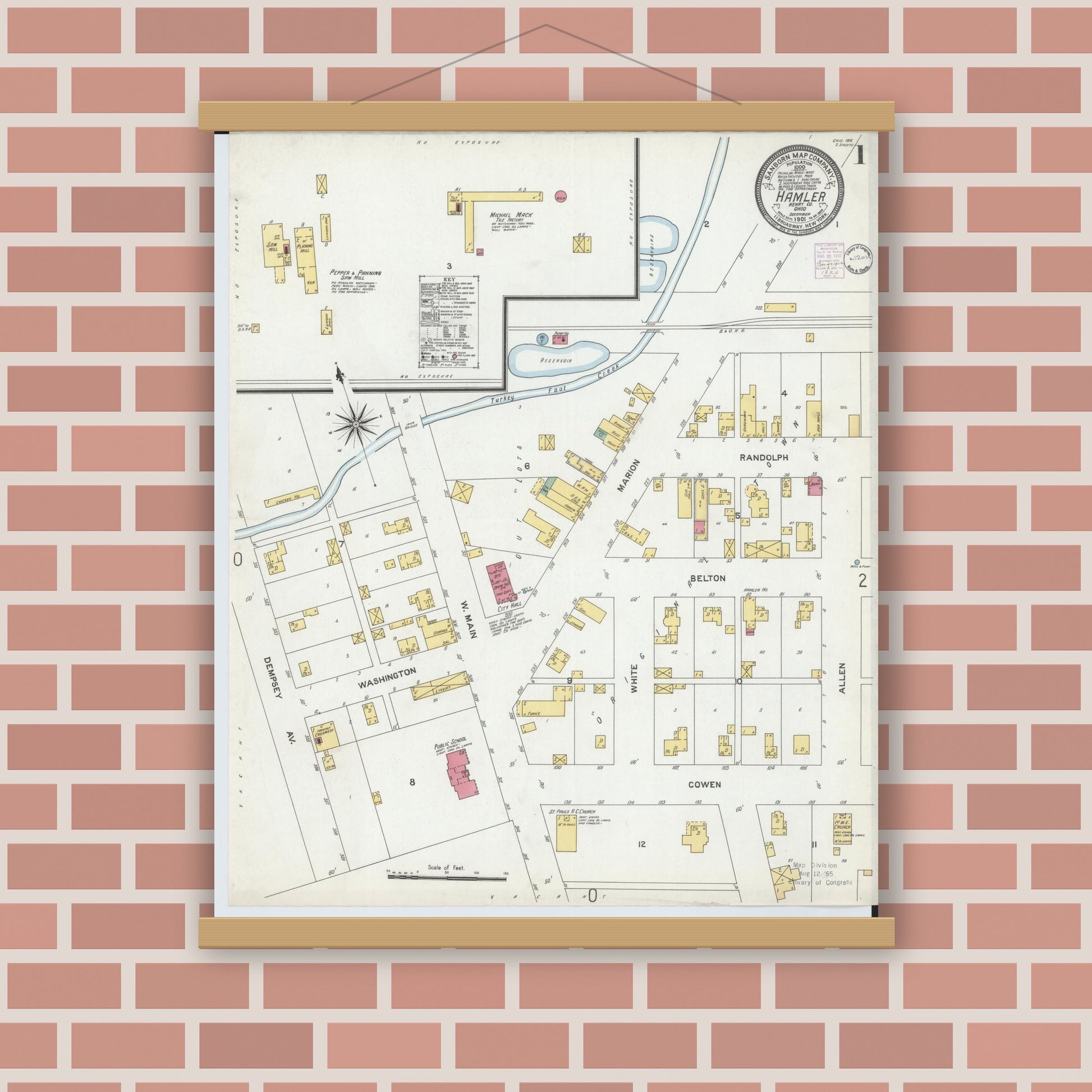 Old map wall art mockup — magnetic wood frame on brick wall — Sanborn Fire Insurance Map from Hamler, Henry County, Ohio (1901) - Complete Map Set