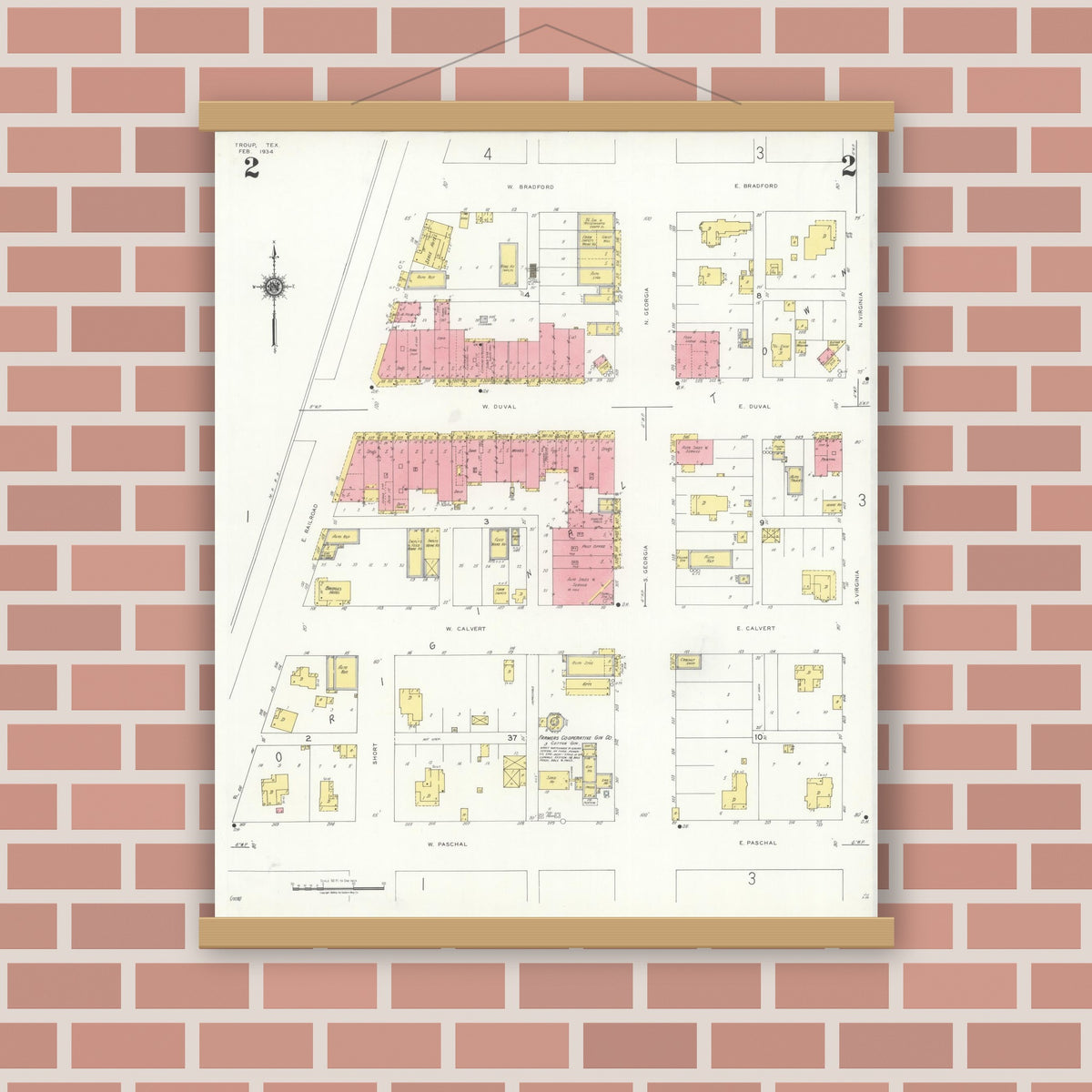 Old map wall art mockup — magnetic wood frame on brick wall — Sanborn Fire Insurance Map from Troup, Smith County, Texas (1934), Sheet #0002