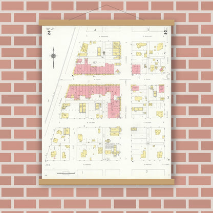 Old map wall art mockup — magnetic wood frame on brick wall — Sanborn Fire Insurance Map from Troup, Smith County, Texas (1934), Sheet #0002