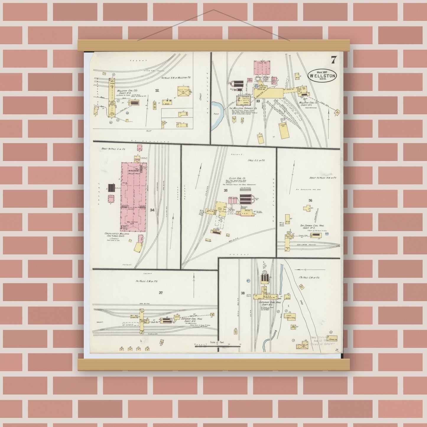 Old map wall art mockup — magnetic wood frame on brick wall — Sanborn Fire Insurance Map from Wellston, Jackson County, Ohio (1897), Sheet #0007