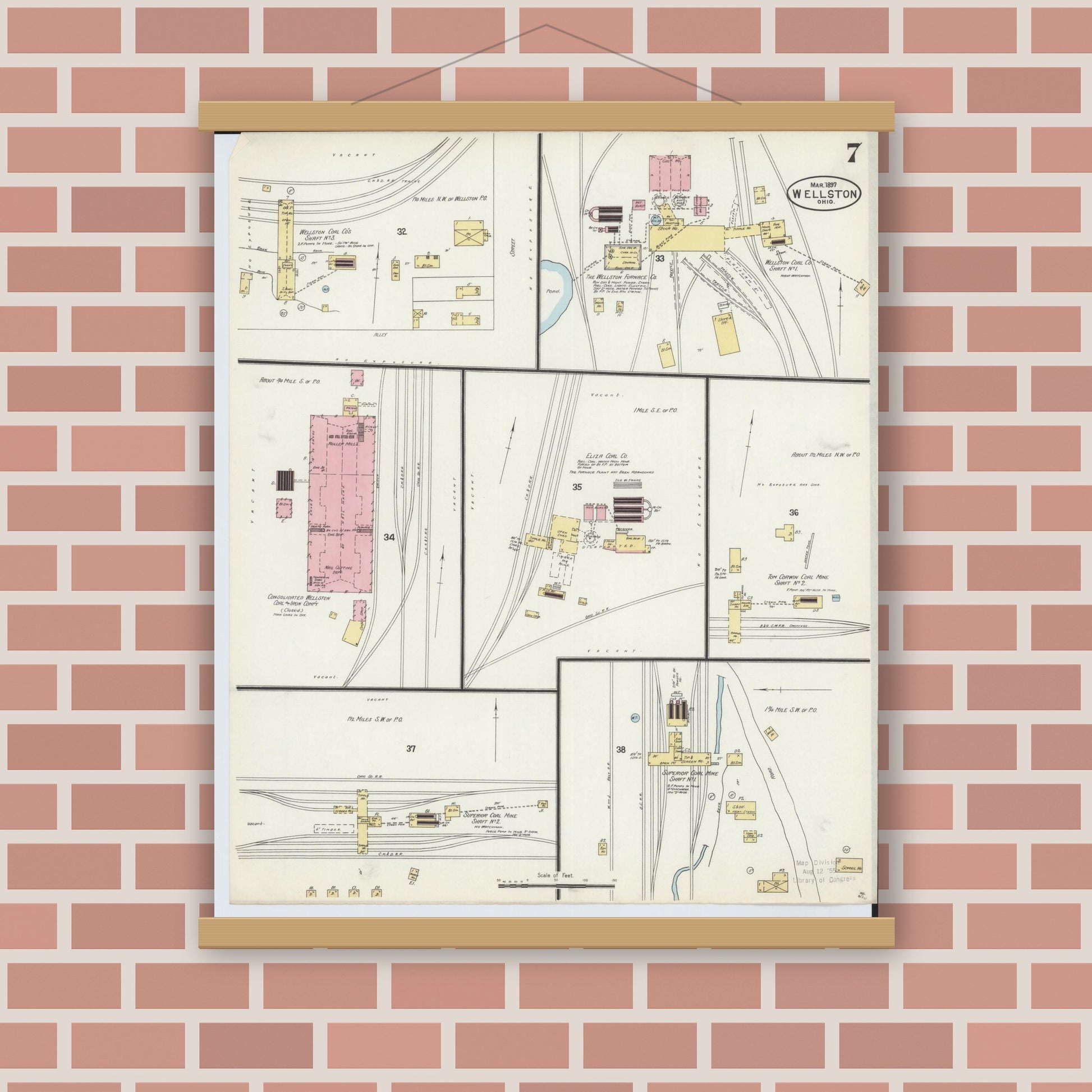Old map wall art mockup — magnetic wood frame on brick wall — Sanborn Fire Insurance Map from Wellston, Jackson County, Ohio (1897), Sheet #0007