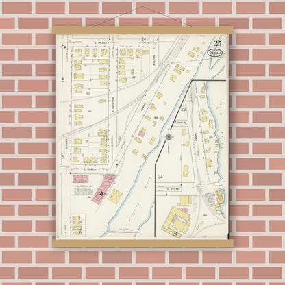 Old map wall art mockup — magnetic wood frame on brick wall — Sanborn Fire Insurance Map from Olean, Cattaraugus County, New York (1915), Sheet #0025