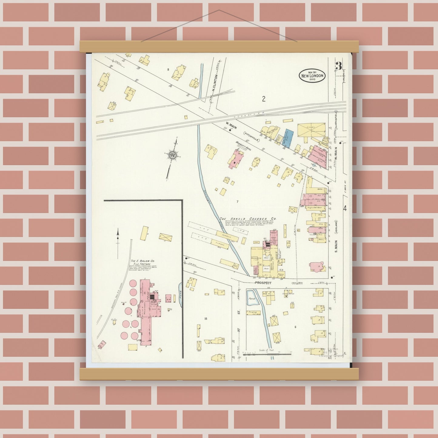 Old map wall art mockup — magnetic wood frame on brick wall — Sanborn Fire Insurance Map from New London, Huron County, Ohio (1911), Sheet #0003