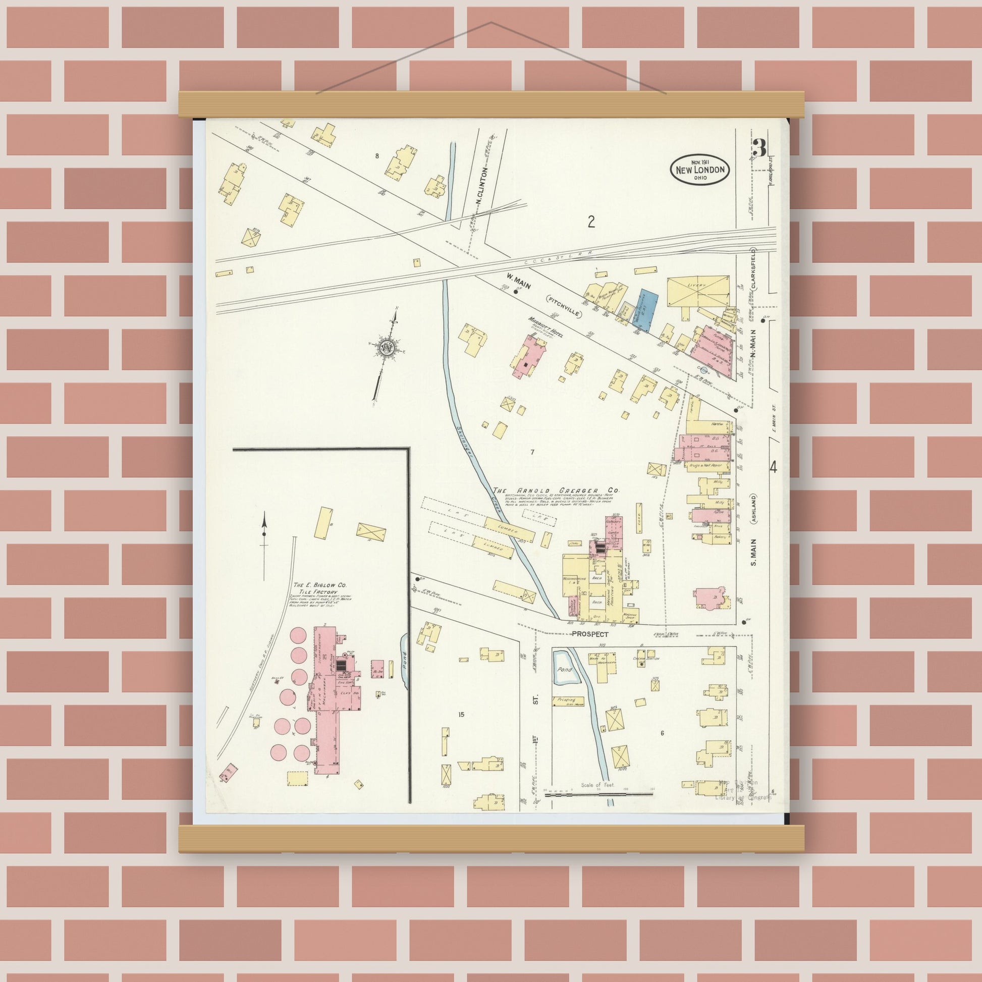 Old map wall art mockup — magnetic wood frame on brick wall — Sanborn Fire Insurance Map from New London, Huron County, Ohio (1911), Sheet #0003