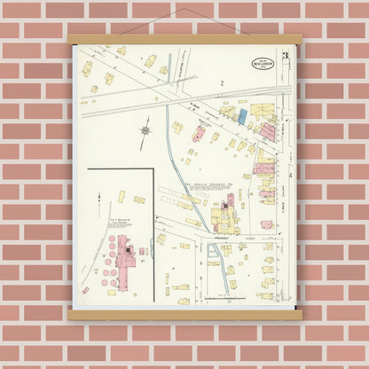 Old map wall art mockup — magnetic wood frame on brick wall — Sanborn Fire Insurance Map from New London, Huron County, Ohio (1911), Sheet #0003