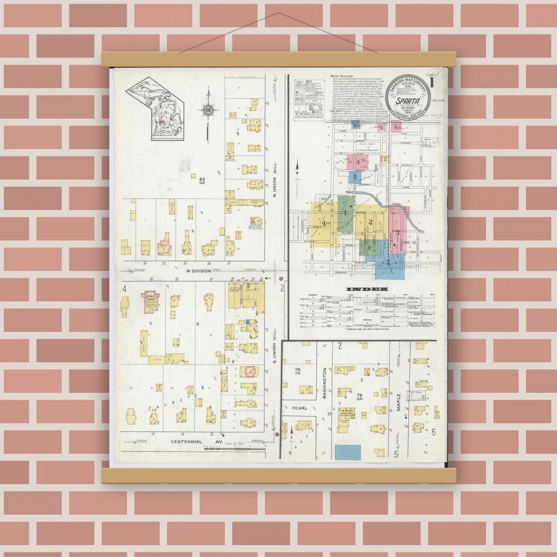 Old map wall art mockup — magnetic wood frame on brick wall — Sanborn Fire Insurance Map from Sparta, Kent County, Michigan (1918), Sheet #0001
