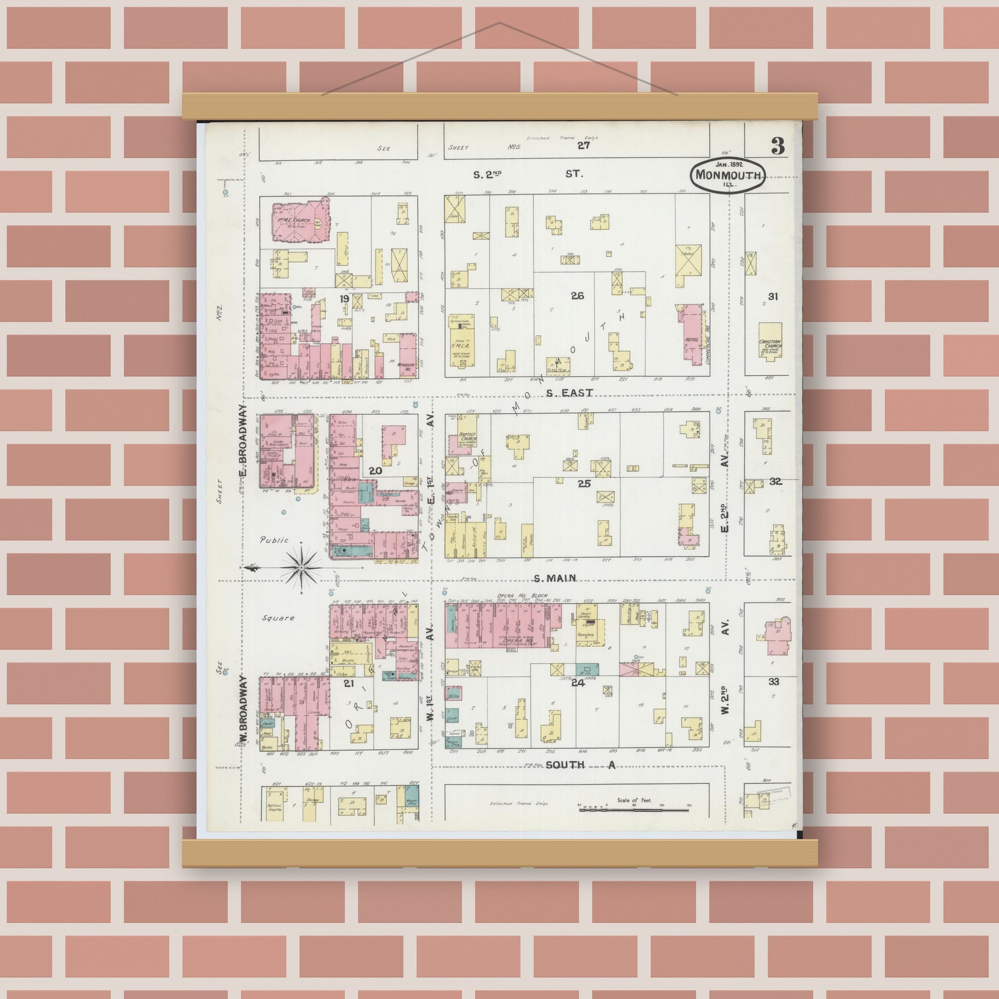 Old map wall art mockup — magnetic wood frame on brick wall — Sanborn Fire Insurance Map from Monmouth, Warren County, Illinois (1892), Sheet #0003