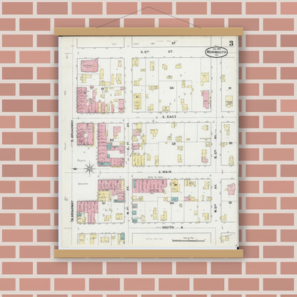 Old map wall art mockup — magnetic wood frame on brick wall — Sanborn Fire Insurance Map from Monmouth, Warren County, Illinois (1892), Sheet #0003