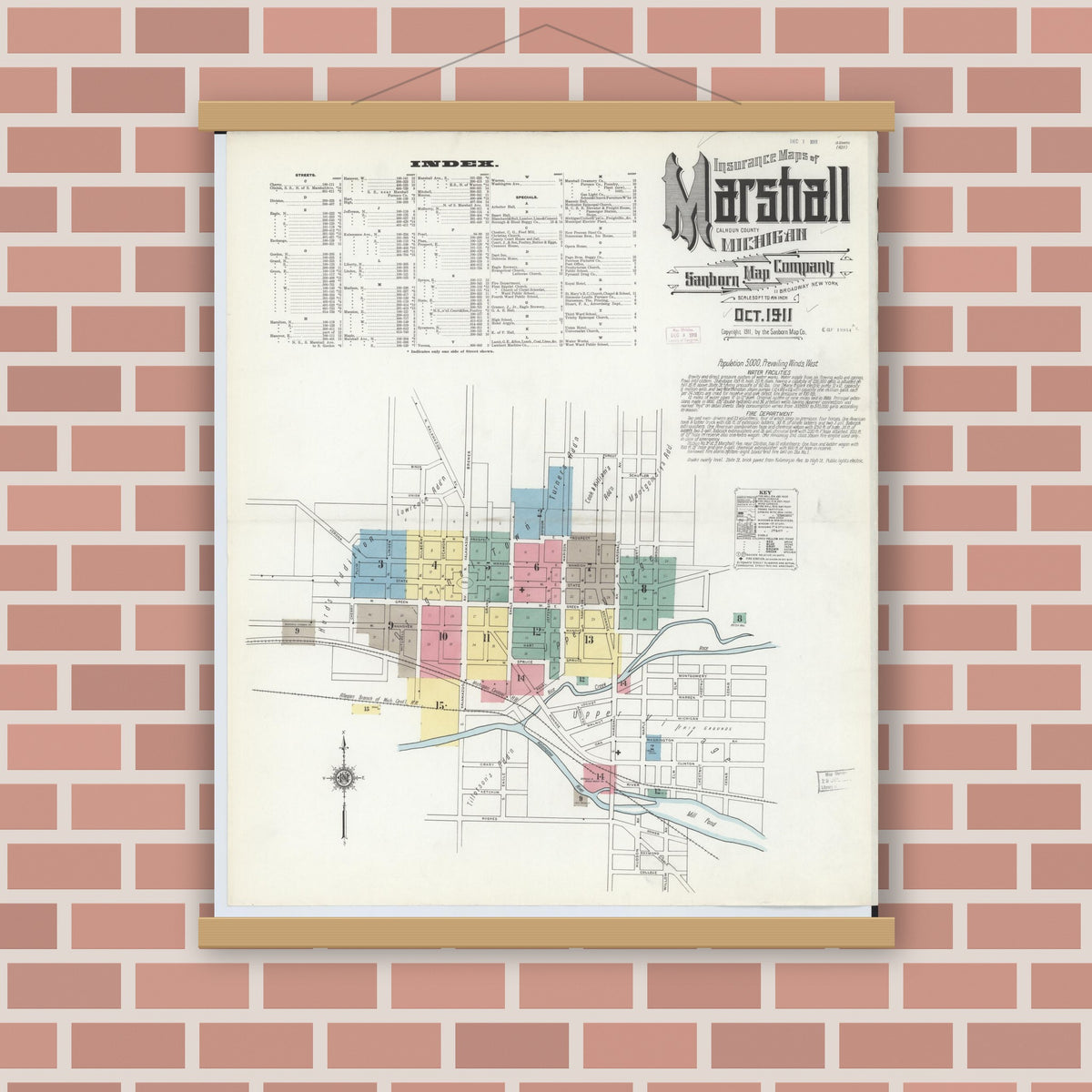 Old map wall art mockup — magnetic wood frame on brick wall — Sanborn Fire Insurance Map from Marshall, Calhoun County, Michigan (1911), Sheet #0001