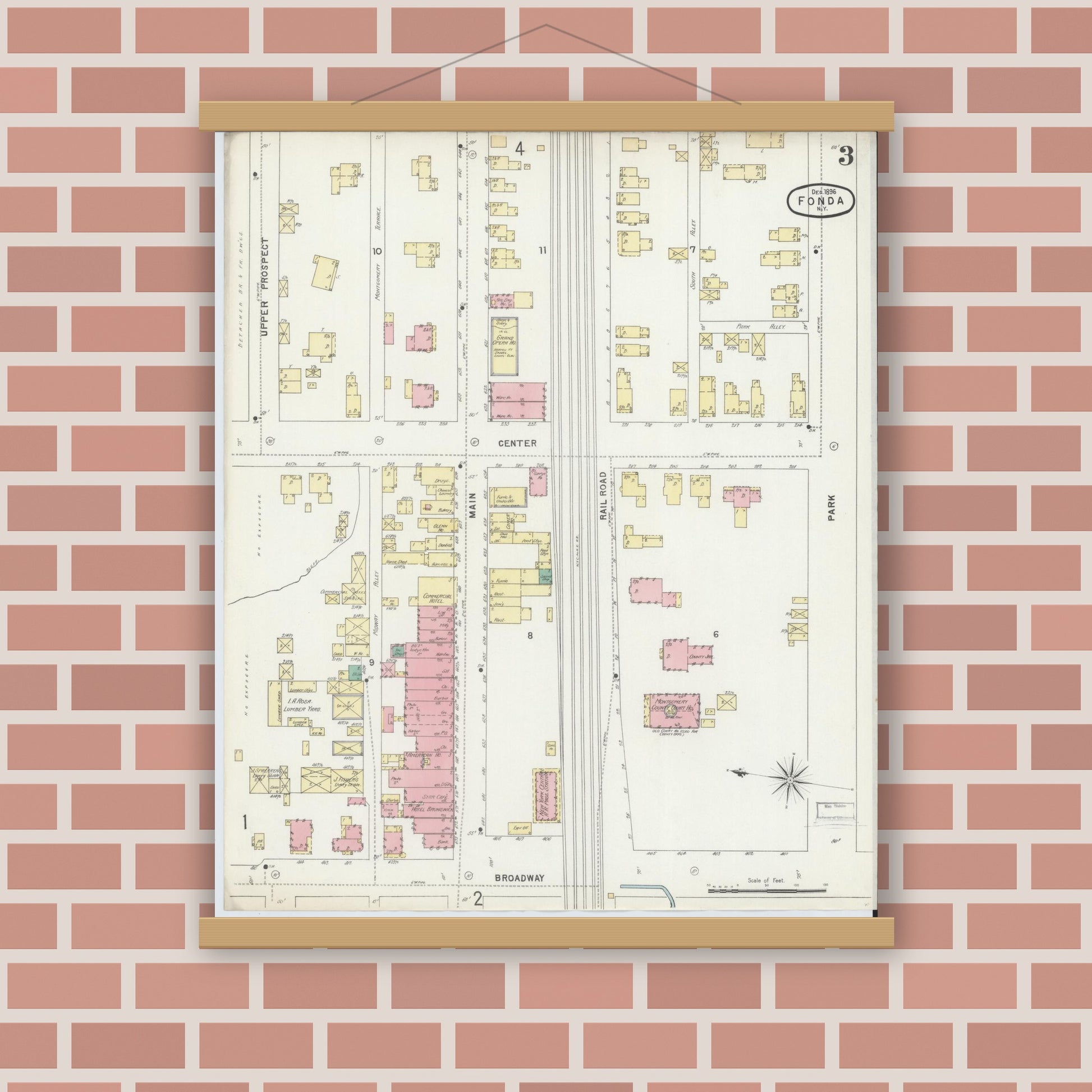 Old map wall art mockup — magnetic wood frame on brick wall — Sanborn Fire Insurance Map from Fonda, Montgomery County, New York (1896), Sheet #0003