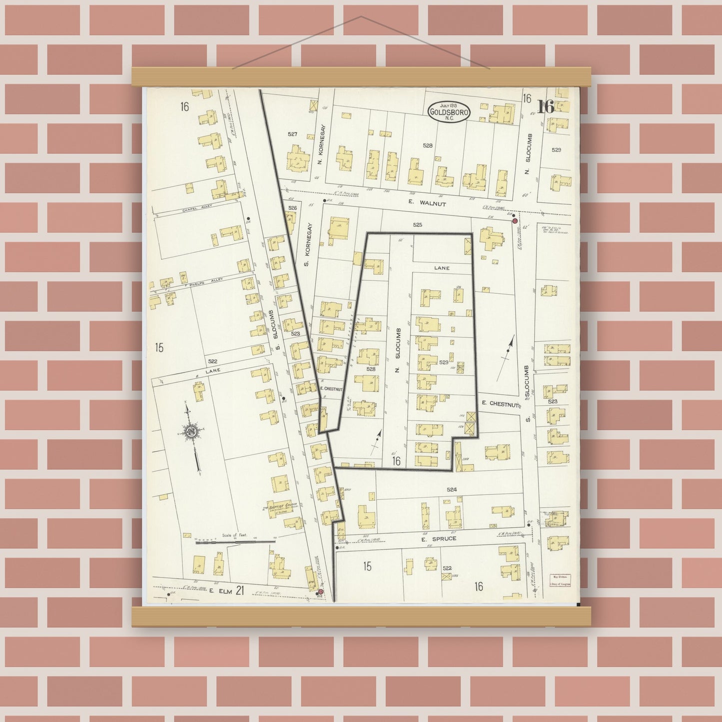 Old map wall art mockup — magnetic wood frame on brick wall — Sanborn Fire Insurance Map from Goldsboro, Wayne County, North Carolina (1913), Sheet #0016