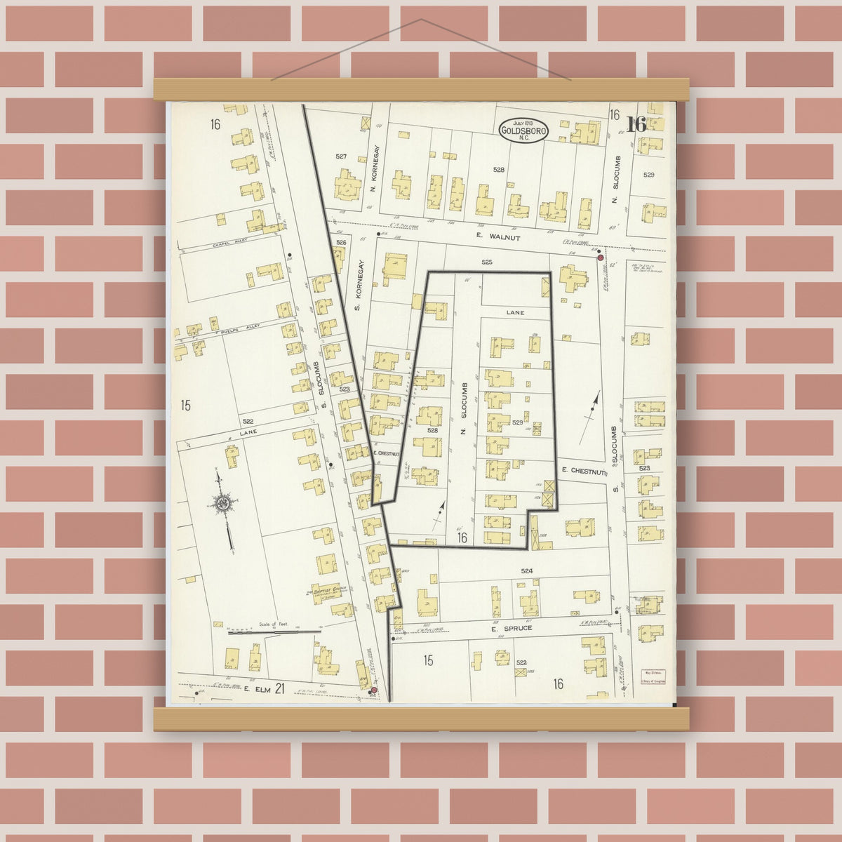 Old map wall art mockup — magnetic wood frame on brick wall — Sanborn Fire Insurance Map from Goldsboro, Wayne County, North Carolina (1913), Sheet #0016