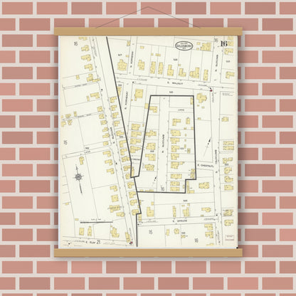 Old map wall art mockup — magnetic wood frame on brick wall — Sanborn Fire Insurance Map from Goldsboro, Wayne County, North Carolina (1913), Sheet #0016