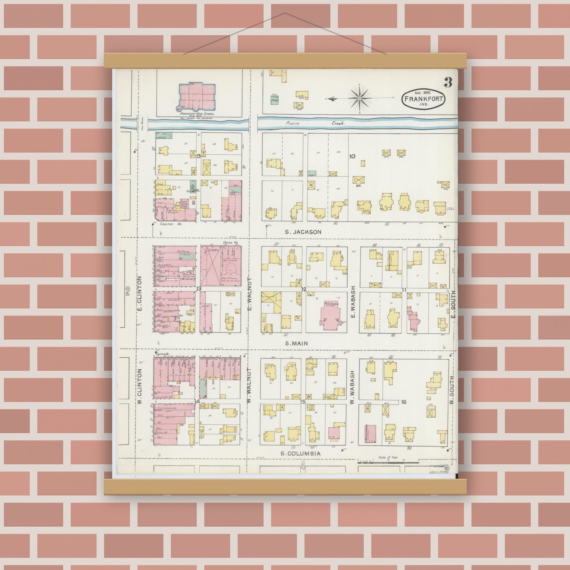 Old map wall art mockup — magnetic wood frame on brick wall — Sanborn Fire Insurance Map from Frankfort, Clinton County, Indiana (1892), Sheet #0003