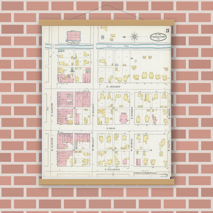 Old map wall art mockup — magnetic wood frame on brick wall — Sanborn Fire Insurance Map from Frankfort, Clinton County, Indiana (1892), Sheet #0003