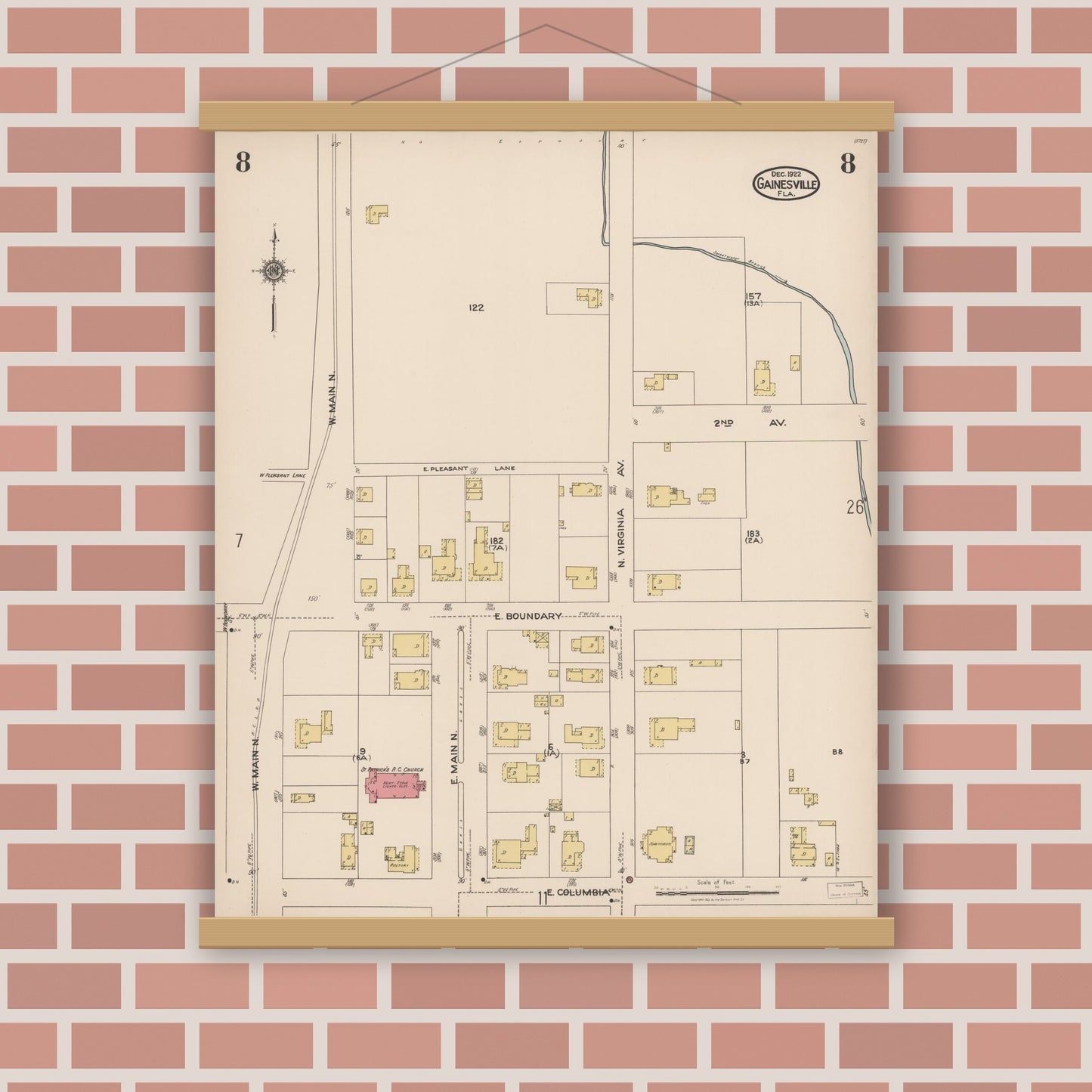 Old map wall art mockup — magnetic wood frame on brick wall — Sanborn Fire Insurance Map from Gainesville, Alachua County, Florida (1922), Sheet #0008