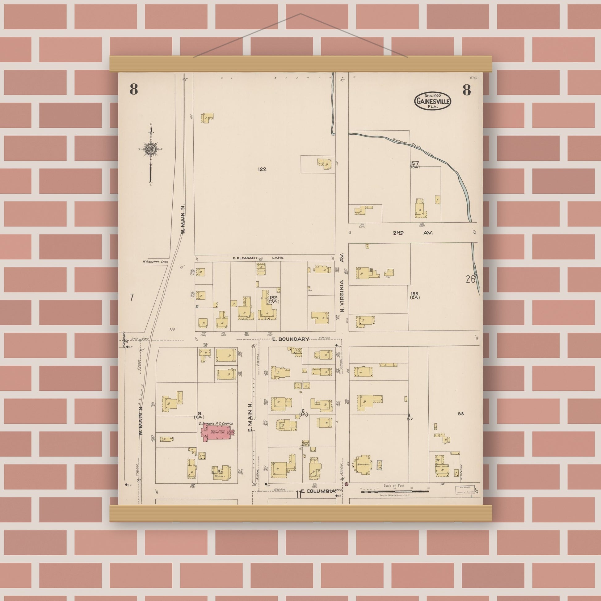 Old map wall art mockup — magnetic wood frame on brick wall — Sanborn Fire Insurance Map from Gainesville, Alachua County, Florida (1922), Sheet #0008