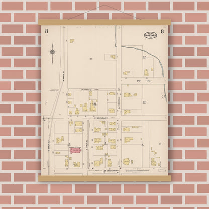 Old map wall art mockup — magnetic wood frame on brick wall — Sanborn Fire Insurance Map from Gainesville, Alachua County, Florida (1922), Sheet #0008