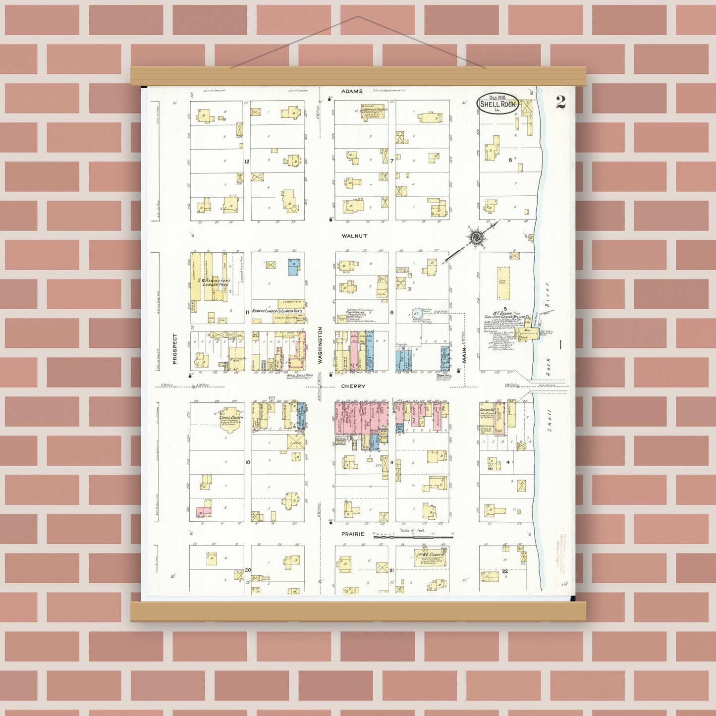 Old map wall art mockup — magnetic wood frame on brick wall — Sanborn Fire Insurance Map from Shell Rock, Butler County, Iowa (1910), Sheet #0002