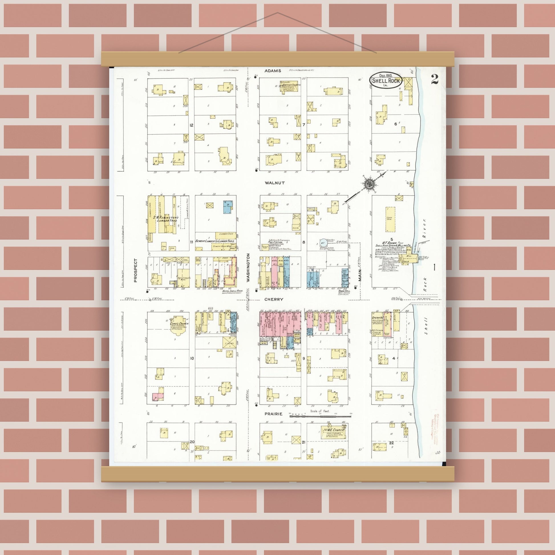 Old map wall art mockup — magnetic wood frame on brick wall — Sanborn Fire Insurance Map from Shell Rock, Butler County, Iowa (1910), Sheet #0002
