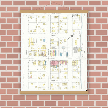 Old map wall art mockup — magnetic wood frame on brick wall — Sanborn Fire Insurance Map from Shell Rock, Butler County, Iowa (1910), Sheet #0002